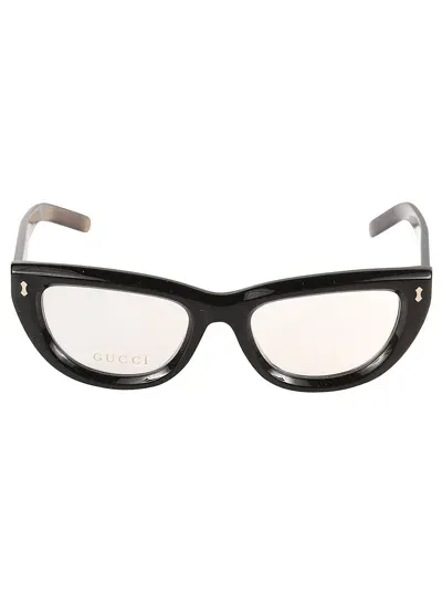 Gucci Logo Embossed Glasses In 001 Black Black Transpare