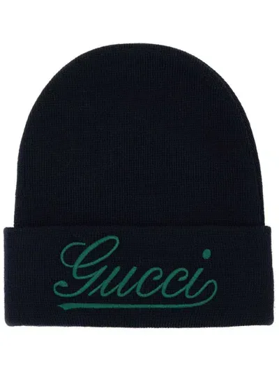 Gucci Logo-embroidered Beanie In Blau