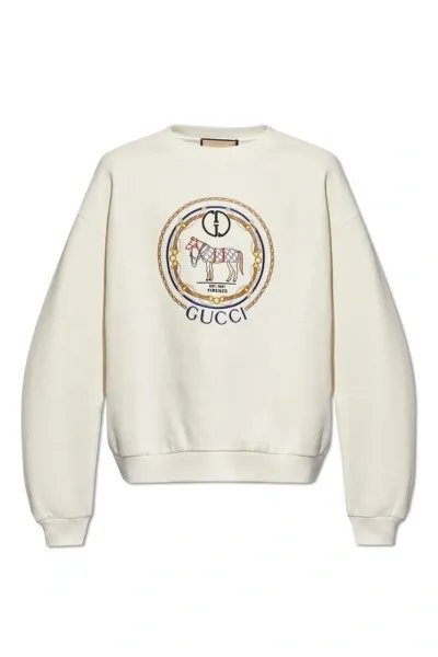 Gucci Gg Embroidered Cotton Jersey Sweatshirt In Beige