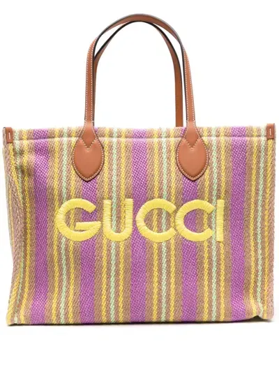 Gucci Logo-embroidered Striped Tote Bag In Neutrals