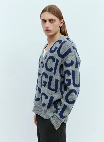 Gucci Logo Intarsia Wool Cardigan In Gray