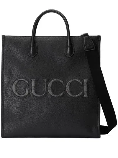 Gucci Logo Leather Medium Tote Bag In Black