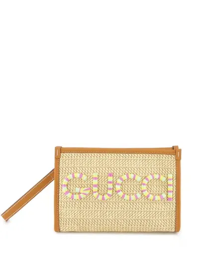 Gucci Logo-plaque Raffia Clutch Bag In Neutrals