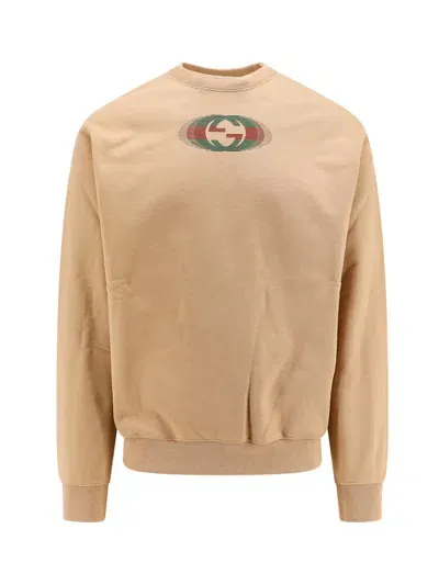 Gucci Logo Printed Crewneck Sweatshirt In Beige