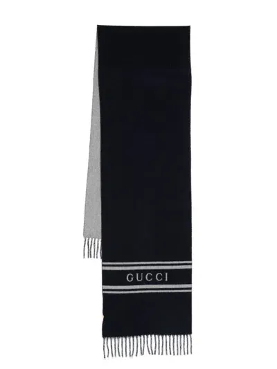 Gucci Logo Wool Scarf In Blue