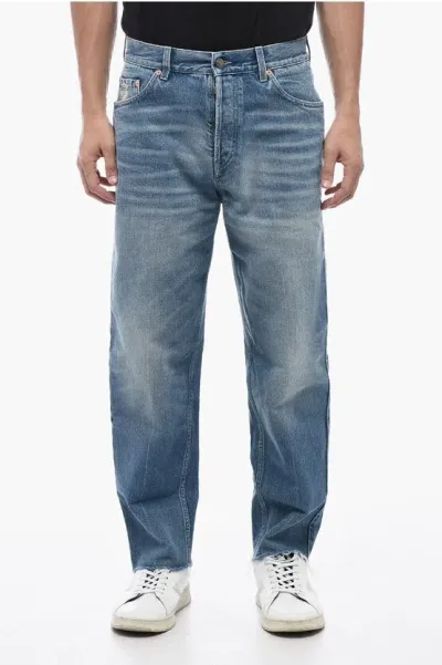 Gucci Mid Wash Cropped Fit Denims With Fringed Hem 16cm In Blue