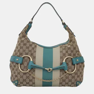 Pre-owned Gucci Monogram Canvas Oversized Horsebit Hobo Bag In Blue