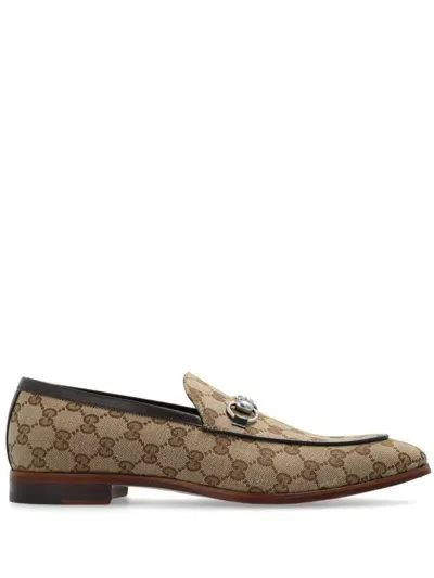 Gucci Neutral Horsebit Canvas Loafers In Multicolor