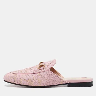 Pre-owned Gucci Pink/beige Lace And Leather Princetown Flat Mules Size 40