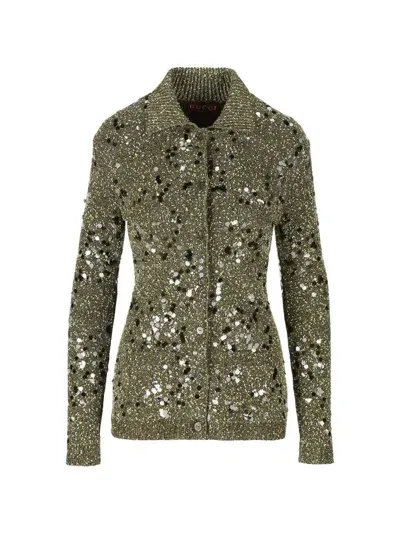 Gucci Polo Neck Tweed Cardigan In Green