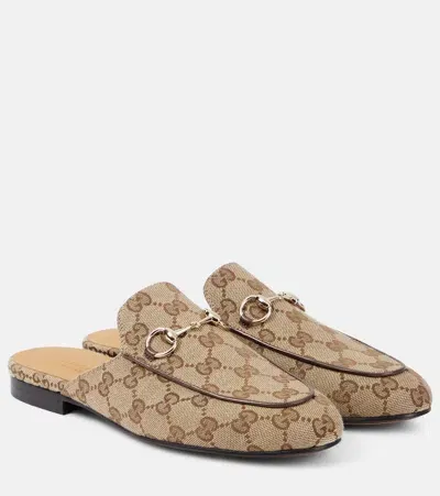 Gucci Princetown Gg Canvas Mules In Beige Ebony