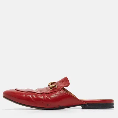 Pre-owned Gucci Red Leather Princetown Flat Mules Size 37.5