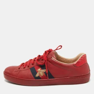 Pre-owned Gucci Red Leather Web Ace Sneakers Size 44.5