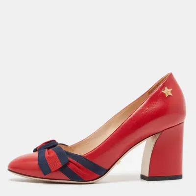 Pre-owned Gucci Red Leather Web Bow Block Heel Pumps Size 36