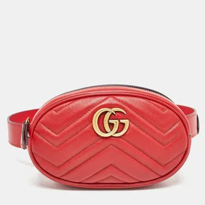 Pre-owned Gucci Red Matelassé Leather Mini Gg Marmont Belt Bag