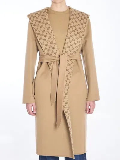 Gucci Reversible Gg Wool Blend Coat In Camel/brown