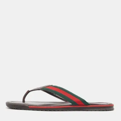 Pre-owned Gucci Ssima Leather And Canvas Web Thong Slides Size 44 In Brown