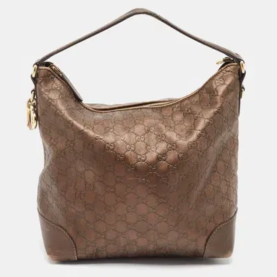 Pre-owned Gucci Ssima Leather Heart Bit Charm Hobo In Brown