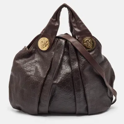 Pre-owned Gucci Ssima Leather Large Hysteria Hobo In Brown