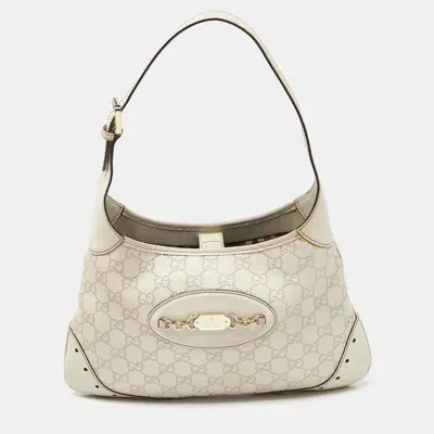 Pre-owned Gucci Ssima Leather Punch Hobo In White