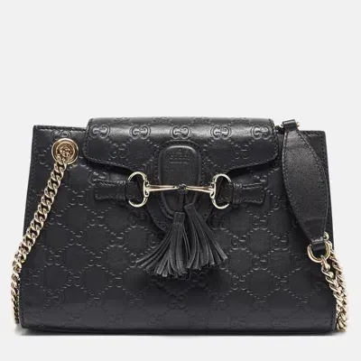 Pre-owned Gucci Ssima Leather Small Emily Chain Shoulder Bag In Black