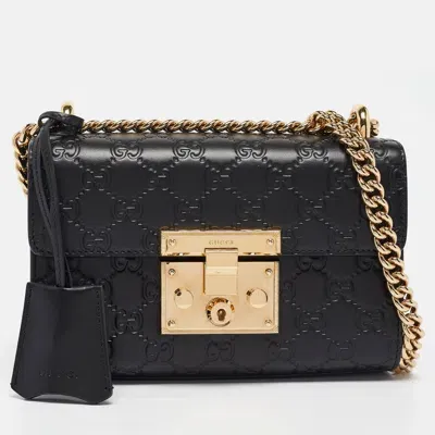 Pre-owned Gucci Ssima Leather Small Padlock Shoulder Bag In Black