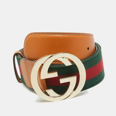 Pre-owned Gucci Tan Leather And Web Canvas Interlocking G Buckle Belt 95 Cm