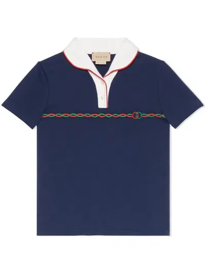 Gucci Kids' Torchon Cotton Polo Shirt In Blue