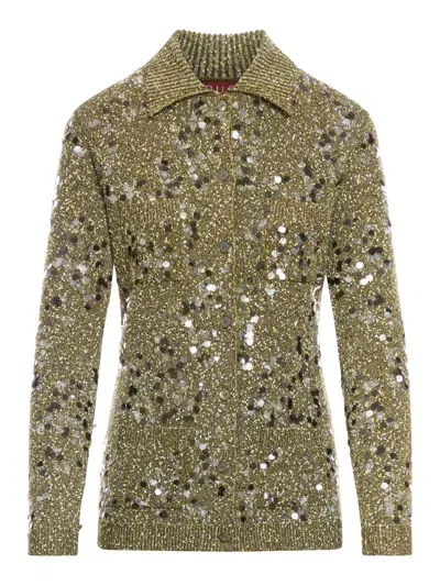 Gucci Viscose And Tweed Blend Polo Cardigan In Green