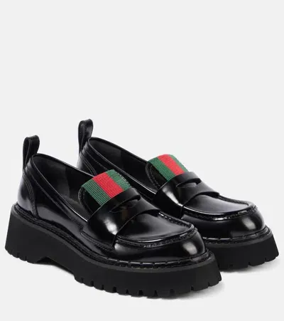 Gucci Web Stripe Leather Loafers In Black+vrv