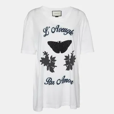 Pre-owned Gucci White L'aveugle Par Amour Print Cotton Crew Neck T-shirt L