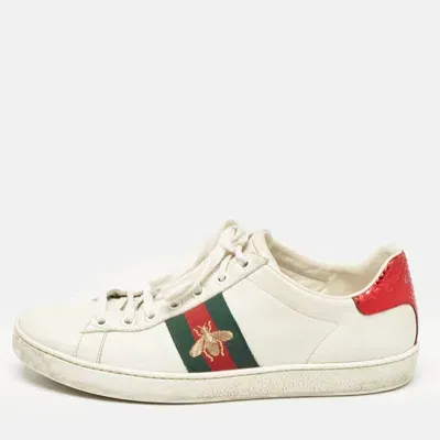 Pre-owned Gucci White Leather Bee Embroidered Ace Sneakers Size 37.5