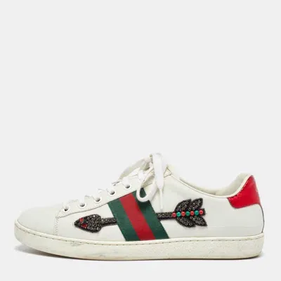 Pre-owned Gucci White Leather Embellished Arrow Ace Sneakers Size 37.5