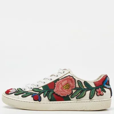 Pre-owned Gucci White Leather Floral Embroidered Ace Sneakers Size 35