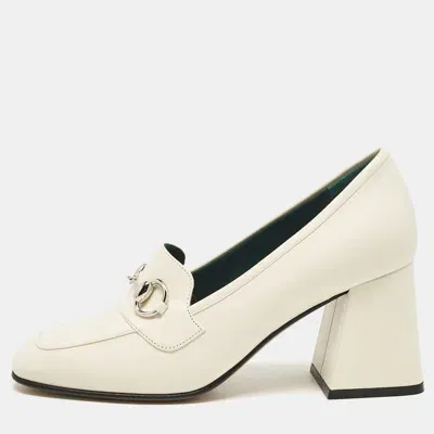 Pre-owned Gucci White Leather Horsebit Block Heel Pumps Size 38.5