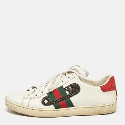 Pre-owned Gucci White Leather Snakeskin Embossed Leather Ace Low Top Sneakers Size 39