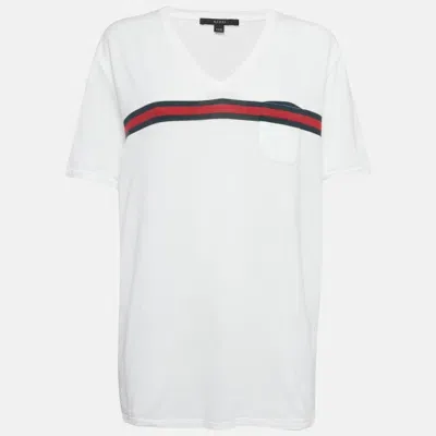 Pre-owned Gucci White Logo Stripe Jersey V-neck T-shirt Xxxl