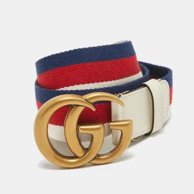 Pre-owned Gucci White Web Canvas And Leather Gg Marmont Buckle Belt 90cm