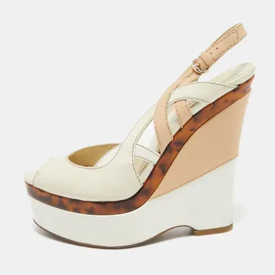 Pre-owned Gucci White/beige Leather Cut Out Wedge Sandals Size 40.5