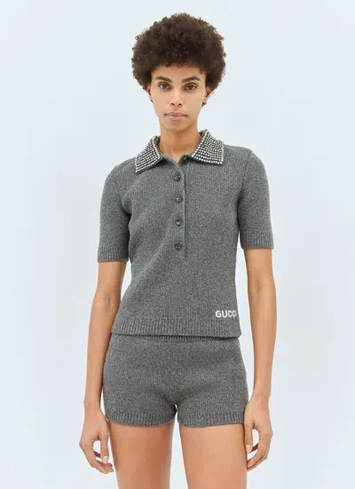 Gucci Rib Wool Polo Shirt In Grey