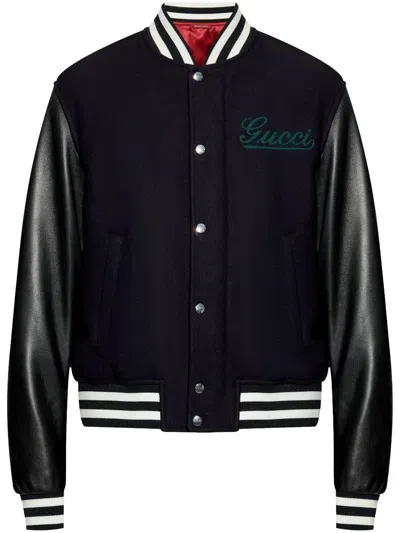 Gucci Wool And Leather Bomber In Blue