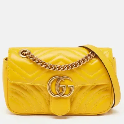 Pre-owned Gucci Yellow Matelassé Leather Mini Gg Marmont Shoulder Bag