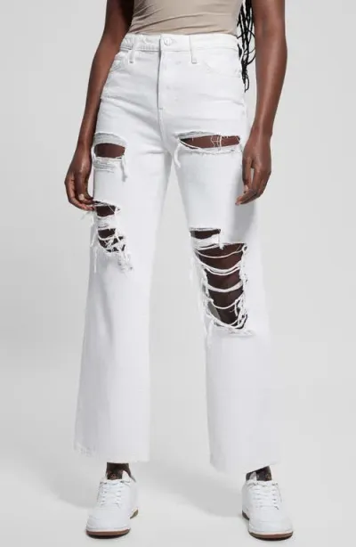 Guess '90s Distressed High Waist Flare Jeans In Pure White