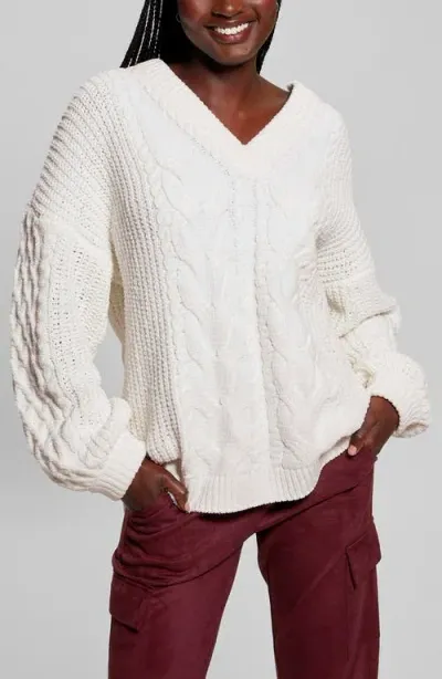 Guess Aki Cable Knit Cardigan In Dove White