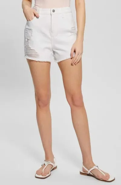 Guess Distressed Cutoff Denim Shorts In Pure White Multi