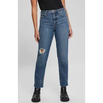 Guess High Waist Distressed Raw Hem Ankle Mom Jeans In Winx