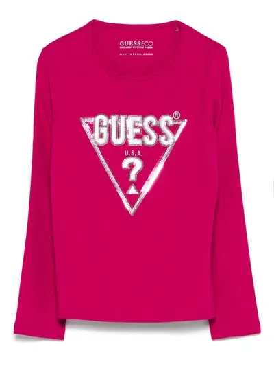 Guess Kids' Logo-embroidered T-shirt In Pink