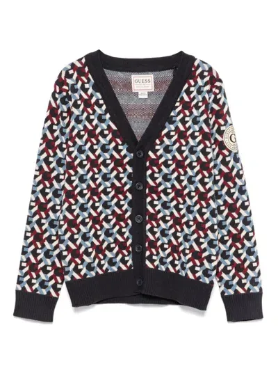 Guess Kids' Monogram-jacquard Cardigan In Blue