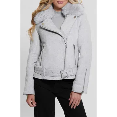 Guess Nancy Moto Jacket With Removable Faux Fur Collar In Light Melange Grey