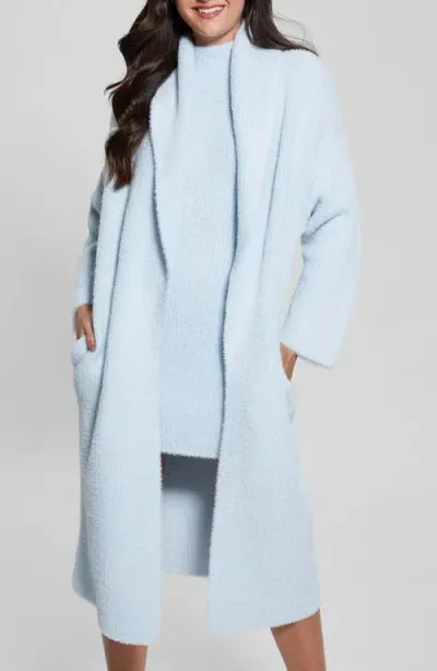 Guess Vero Fuzzy Shawl Collar Longline Cardigan In Sky High